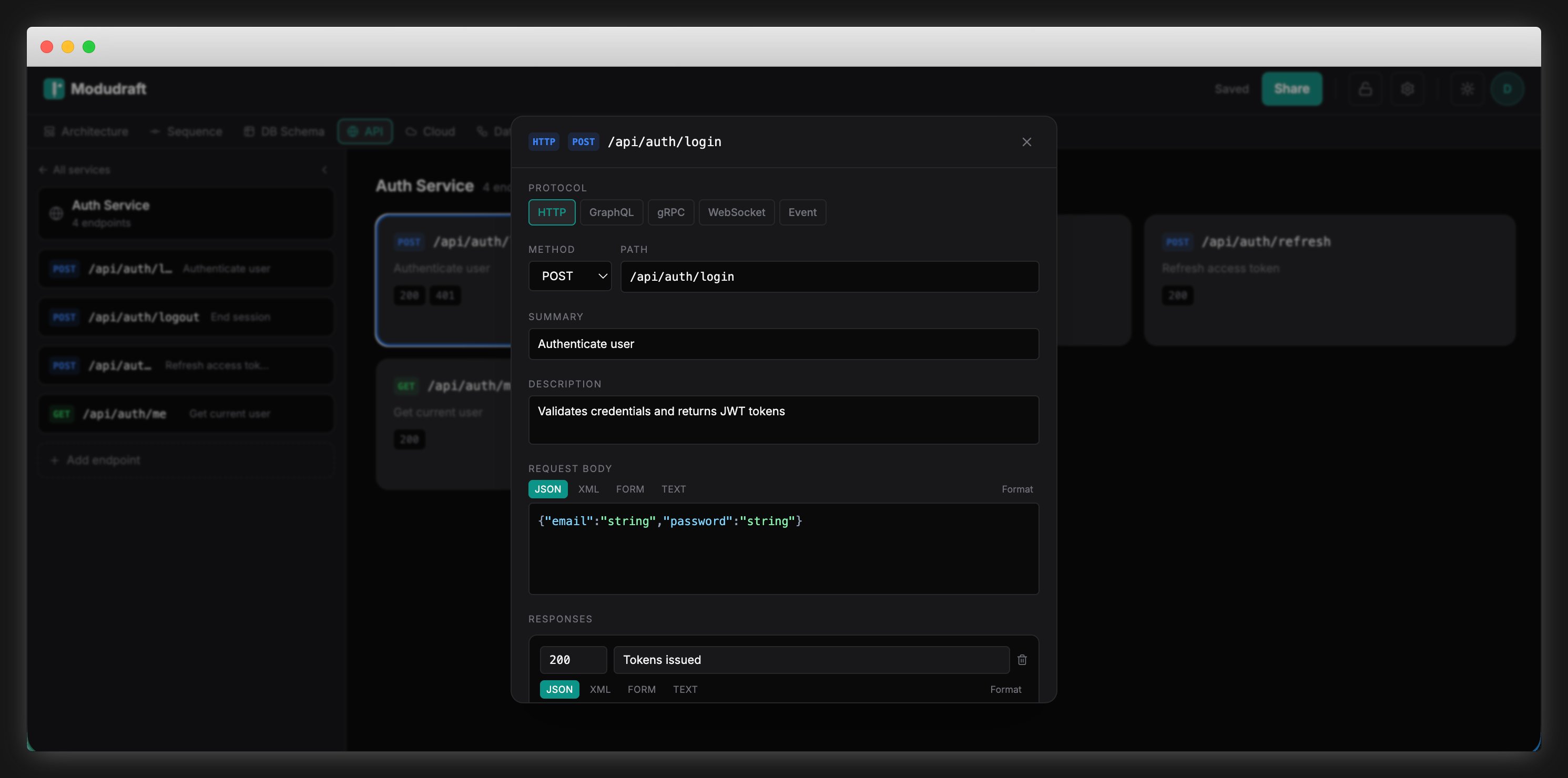 Modudraft API schema showing the POST /api/auth/login endpoint detail with request body and responses